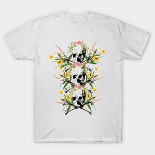 sweet and subliminal skeletal skull with flowers of various colors T-Shirt